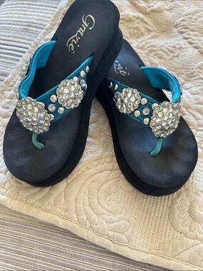 Grace Teal Jeweled Wedge Sandals